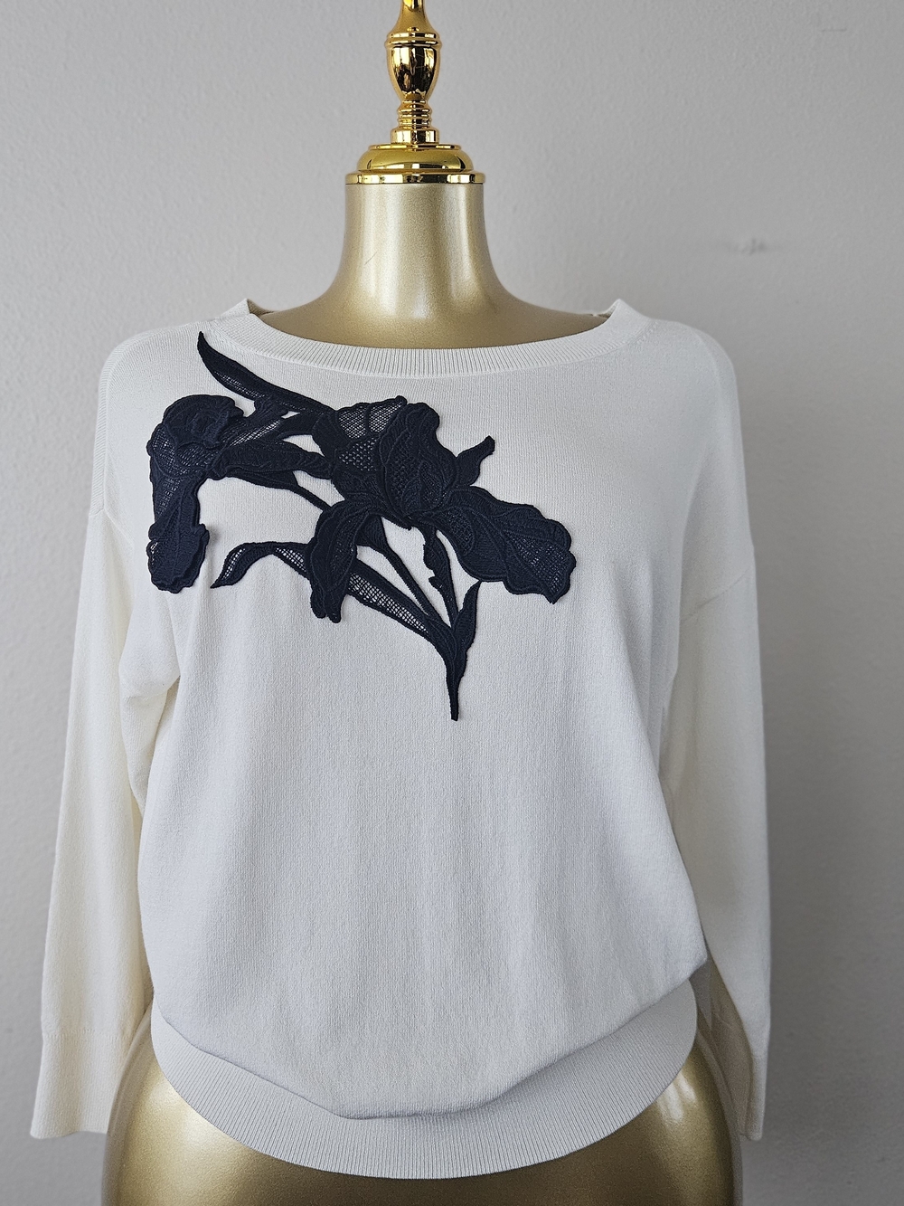 Ann Taylor White Pullover with Black Floral Applique